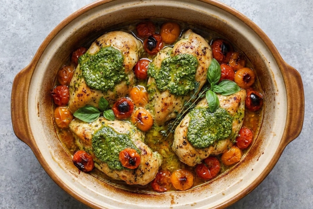 Baked chicken breasts in a casserole dish topped with pesto and blistered cherry tomatoes with juices in the pan