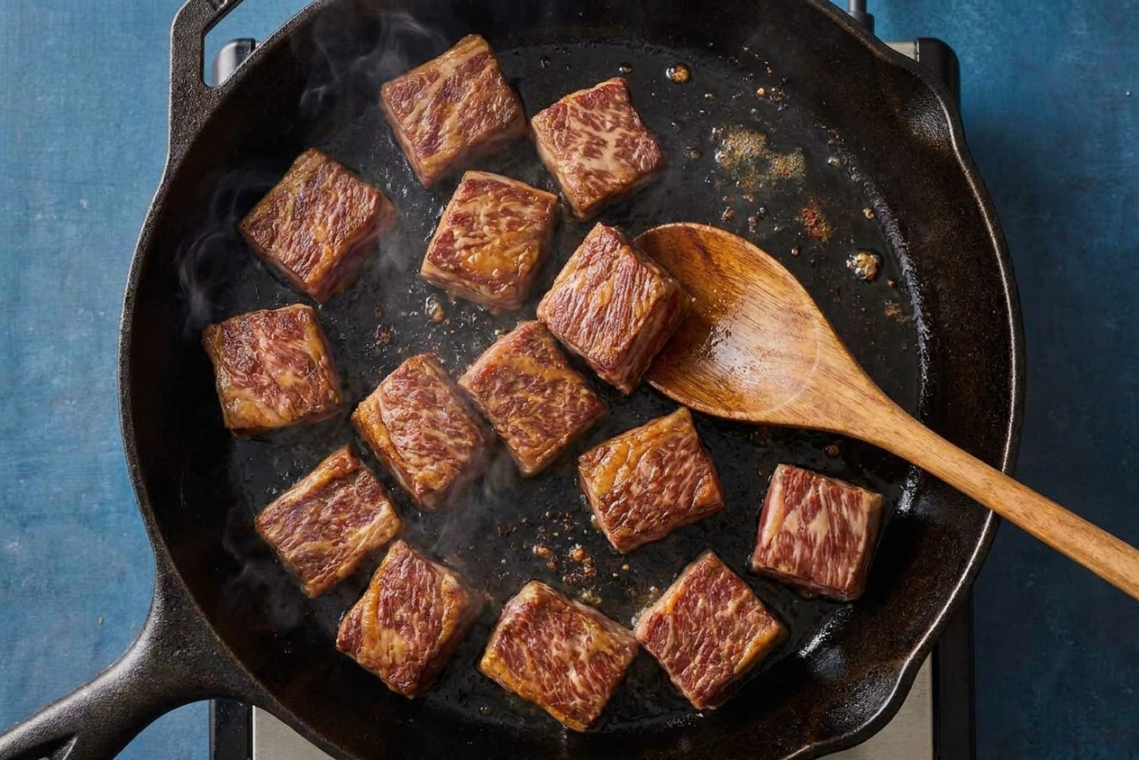 Beef cubes browning in a hot cast iron skillet with a visible golden crust and a wooden spoon stirring