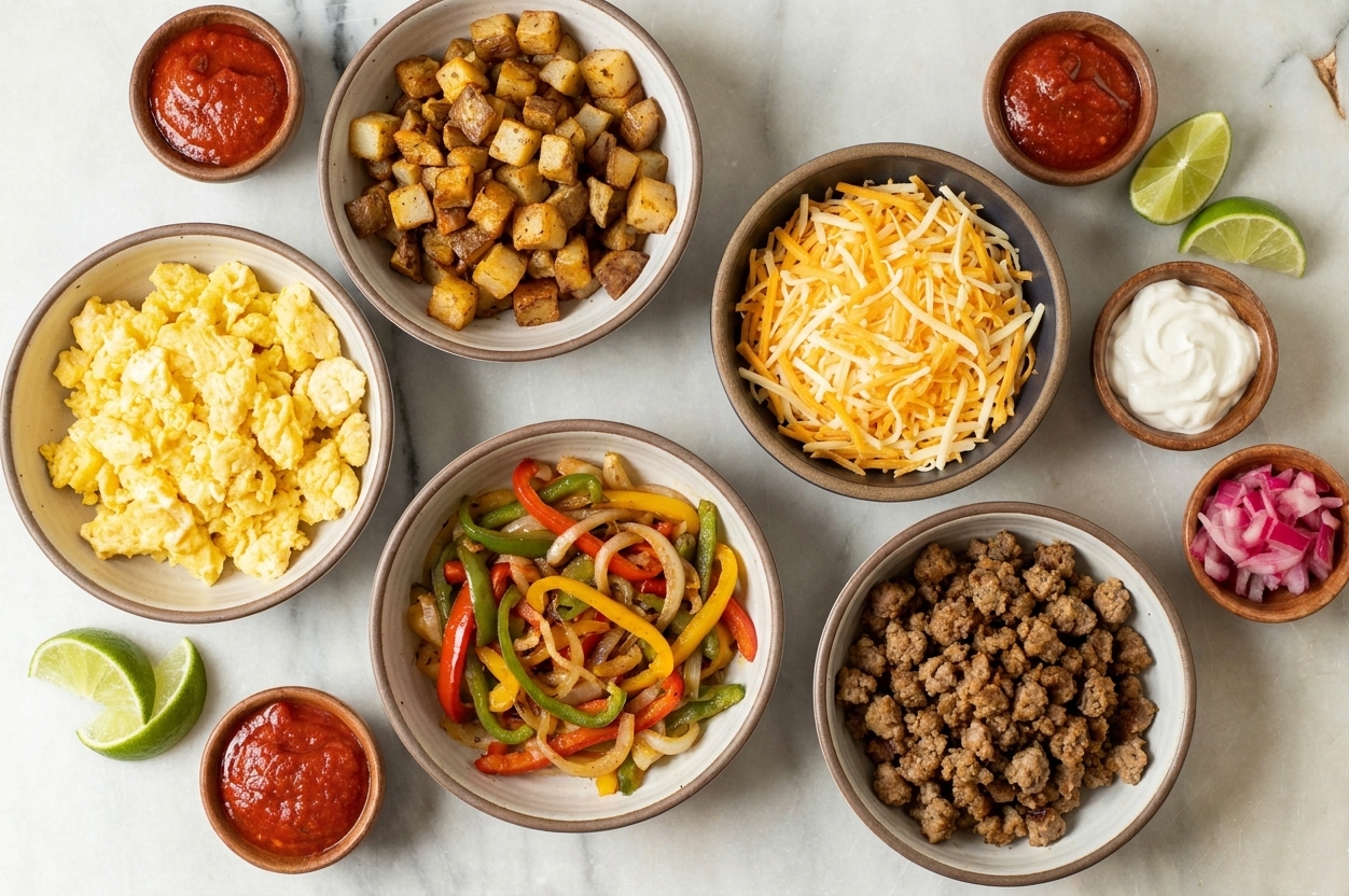 Bowls of breakfast burrito fillings on a kitchen counter including scrambled eggs, roasted potatoes, shredded cheese, sauteed peppers, and cooked sausage
