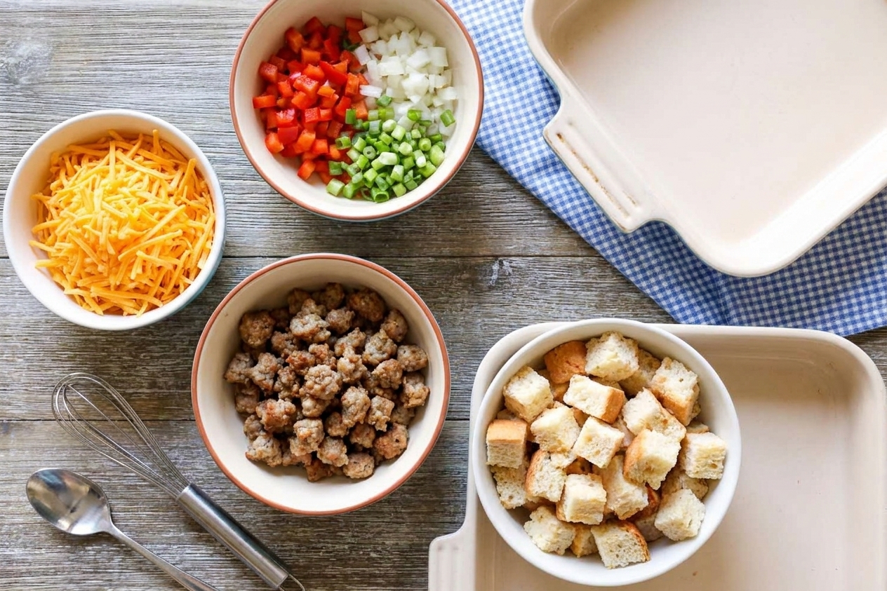 Bowls of prepped breakfast casserole ingredients like shredded cheese, chopped vegetables, browned sausage, and cubed bread arranged on a kitchen counter
