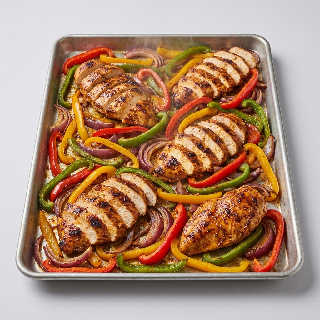 Chicken fajitas roasting on a sheet pan with colorful bell peppers and onions, lightly charred and glossy from spices
