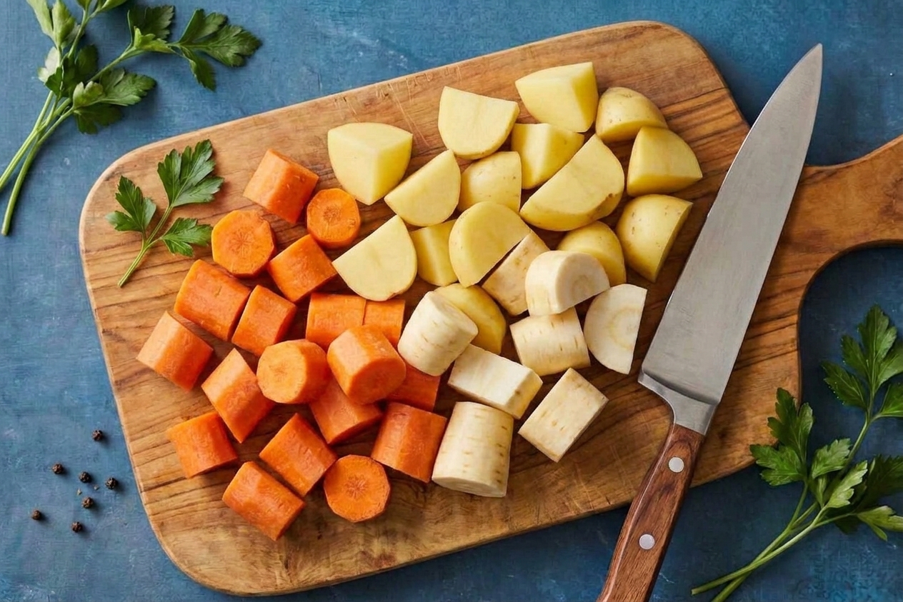 Chopped carrots, potatoes, and parsnips on a cutting board with a kitchen knife