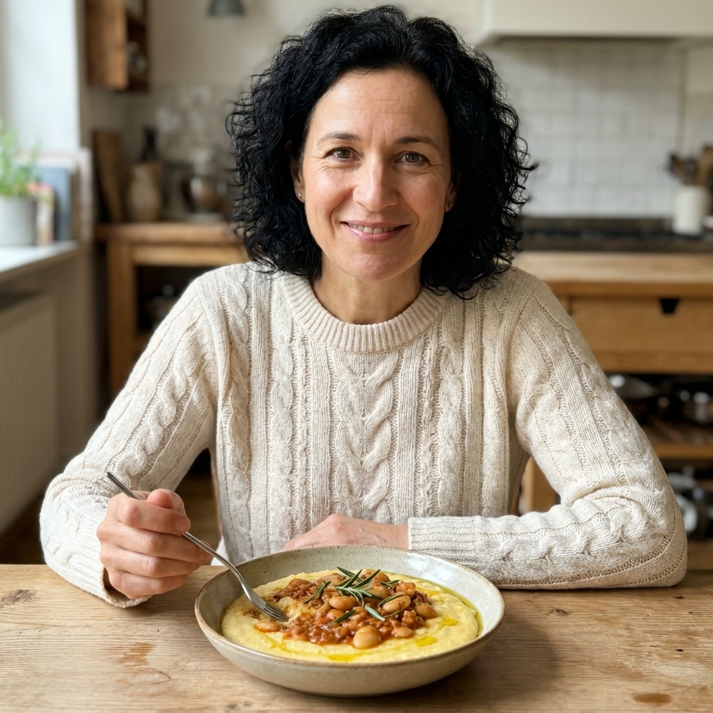 Creamy polenta in a shallow bowl topped with butter bean ragù, rosemary leaves, and a drizzle of olive oil