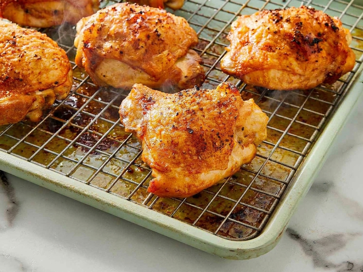Crispy baked chicken thighs fresh from the oven on a wire rack, with golden skin and rendered fat collected in the sheet pan below