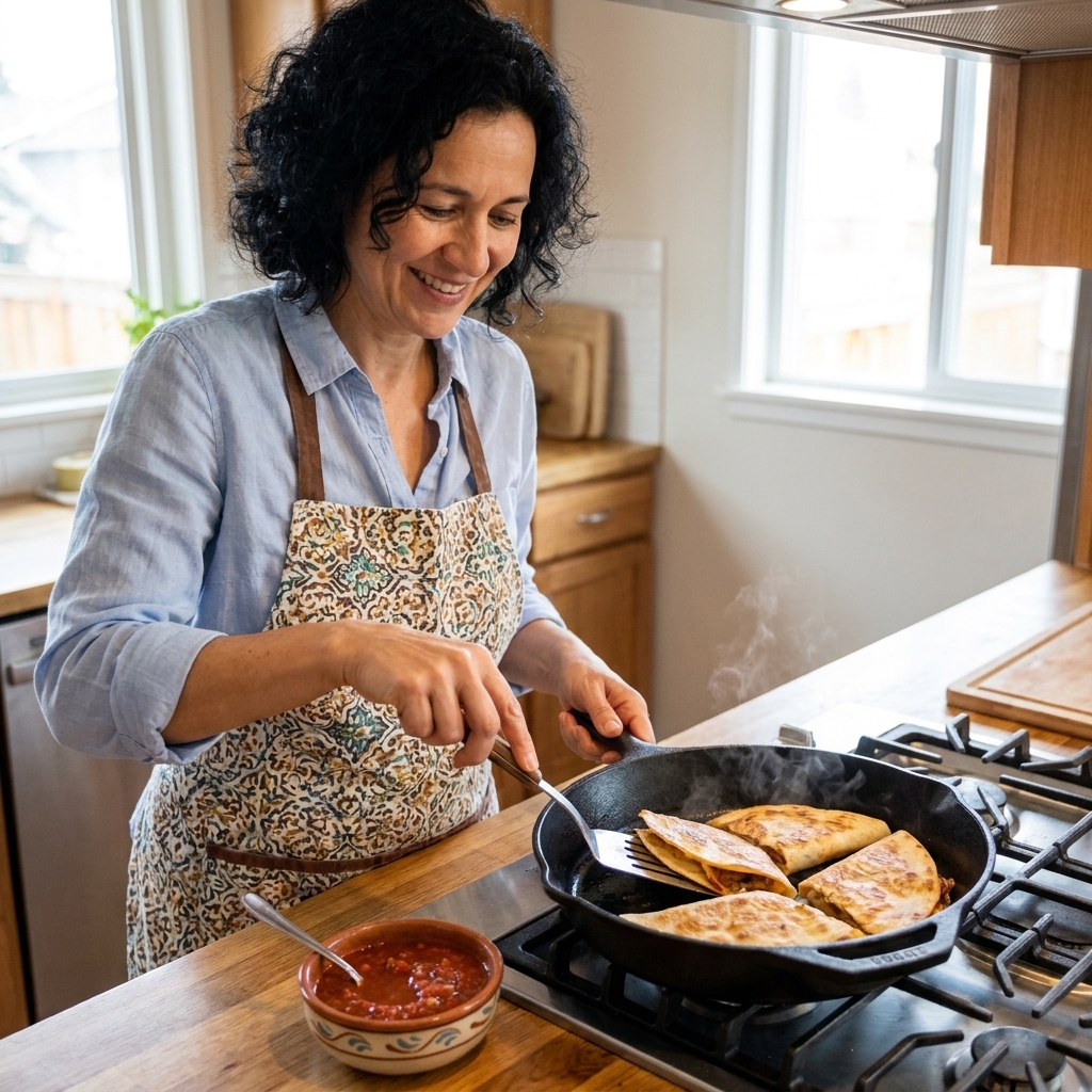 Crispy folded quesadillas browning in a skillet with a small bowl of salsa nearby