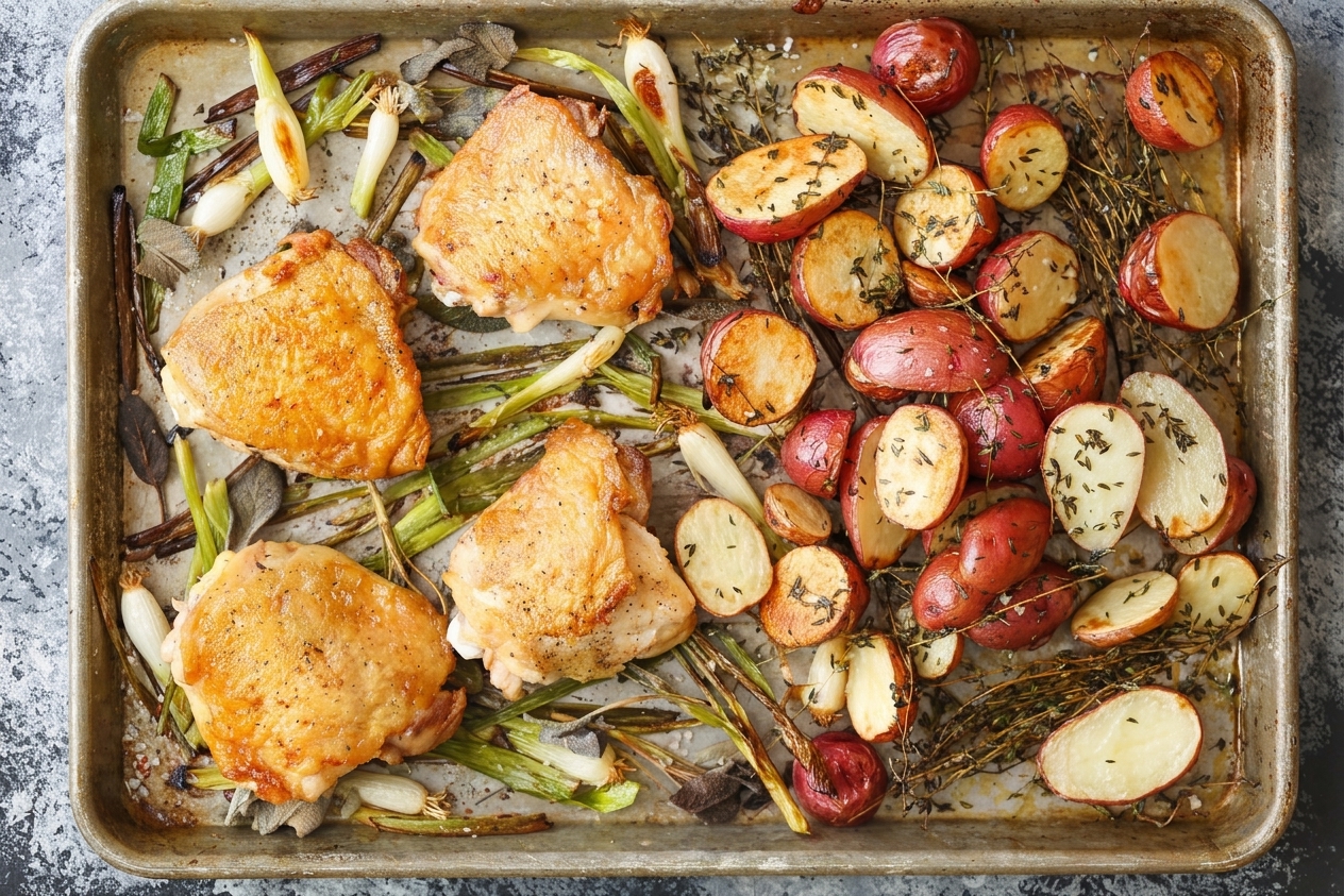 Crispy-skinned chicken thighs nestled among browned baby potatoes on a parchment-lined sheet pan