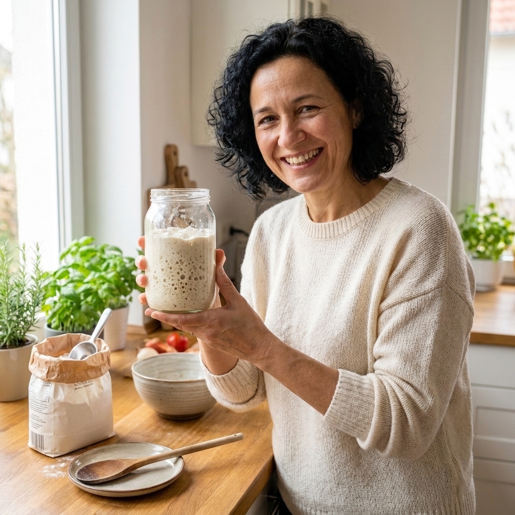 Elena Martinez holding a glass jar of bubbly sourdough starter on a kitchen counter with flour and a wooden spoon nearby