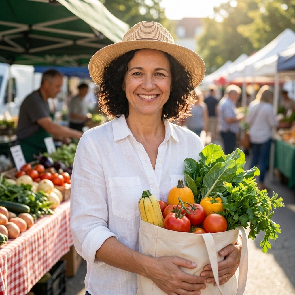Elena Martinez holding a tote bag of seasonal produce at an outdoor farmers market stand on a sunny morning