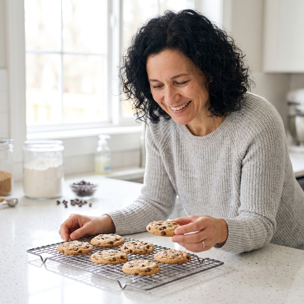 Freshly baked chocolate chip cookies cooling on a wire rack on a bright kitchen counter