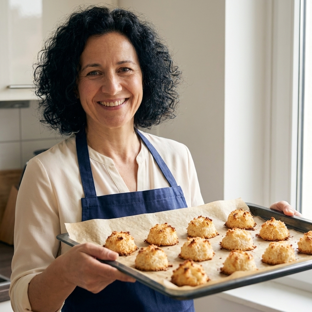 Freshly baked coconut macaroons on a parchment-lined baking sheet with golden toasted tops