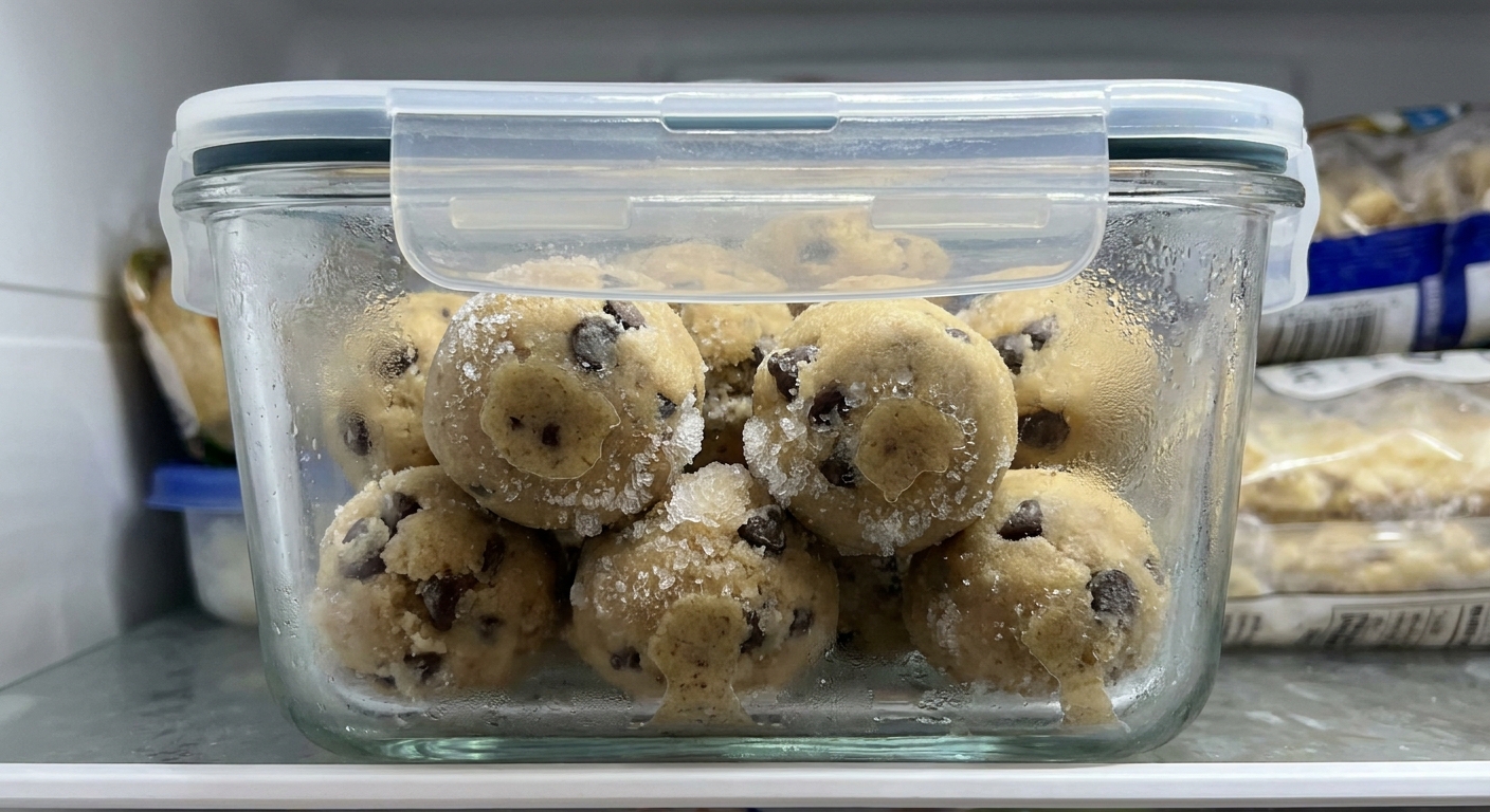 Frozen balls of chocolate chip cookie dough stored in a clear airtight container, with frost crystals visible on the dough