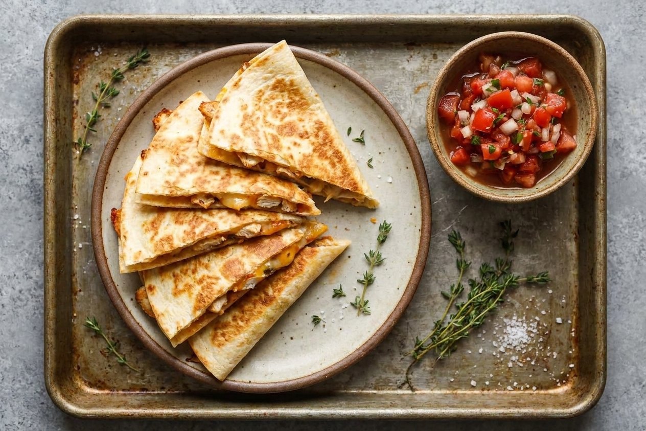 Golden-brown chicken quesadilla wedges stacked on a plate with a small bowl of salsa beside them