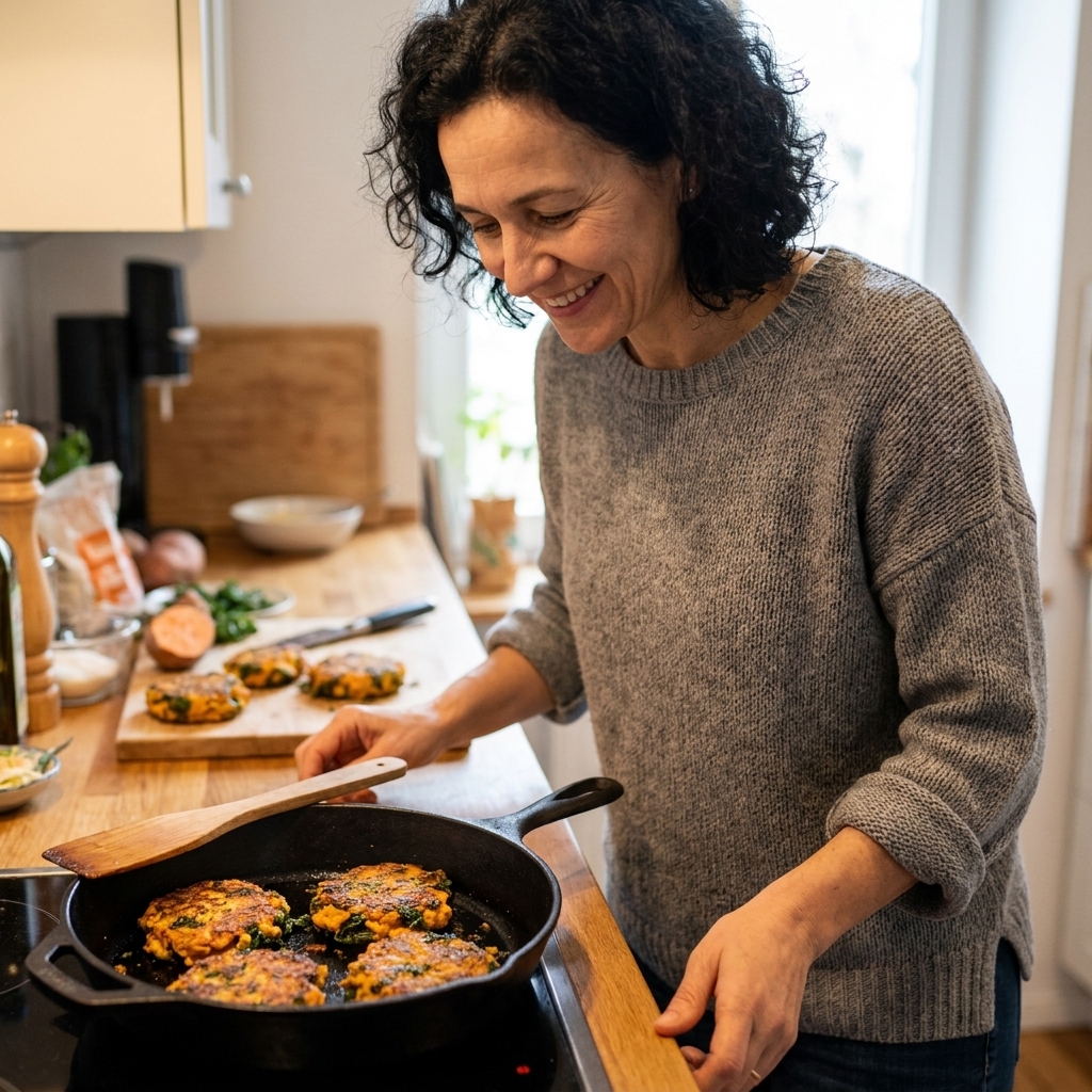 Golden-brown sweet potato and kale patties cooking in a skillet with a spatula nearby