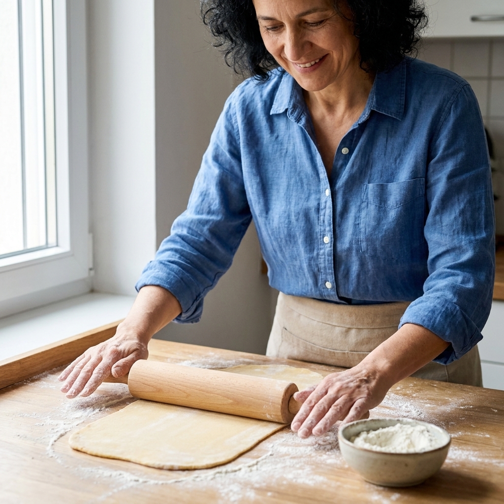 Hands rolling a sheet of pasta dough on a lightly floured wooden counter with a rolling pin, with a small bowl of flour nearby