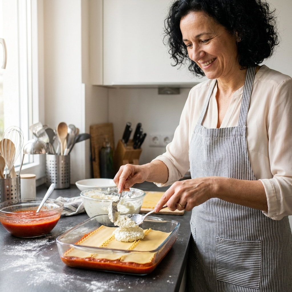 Hands spooning ricotta mixture over lasagna noodles in a baking dish with red sauce underneath during assembly