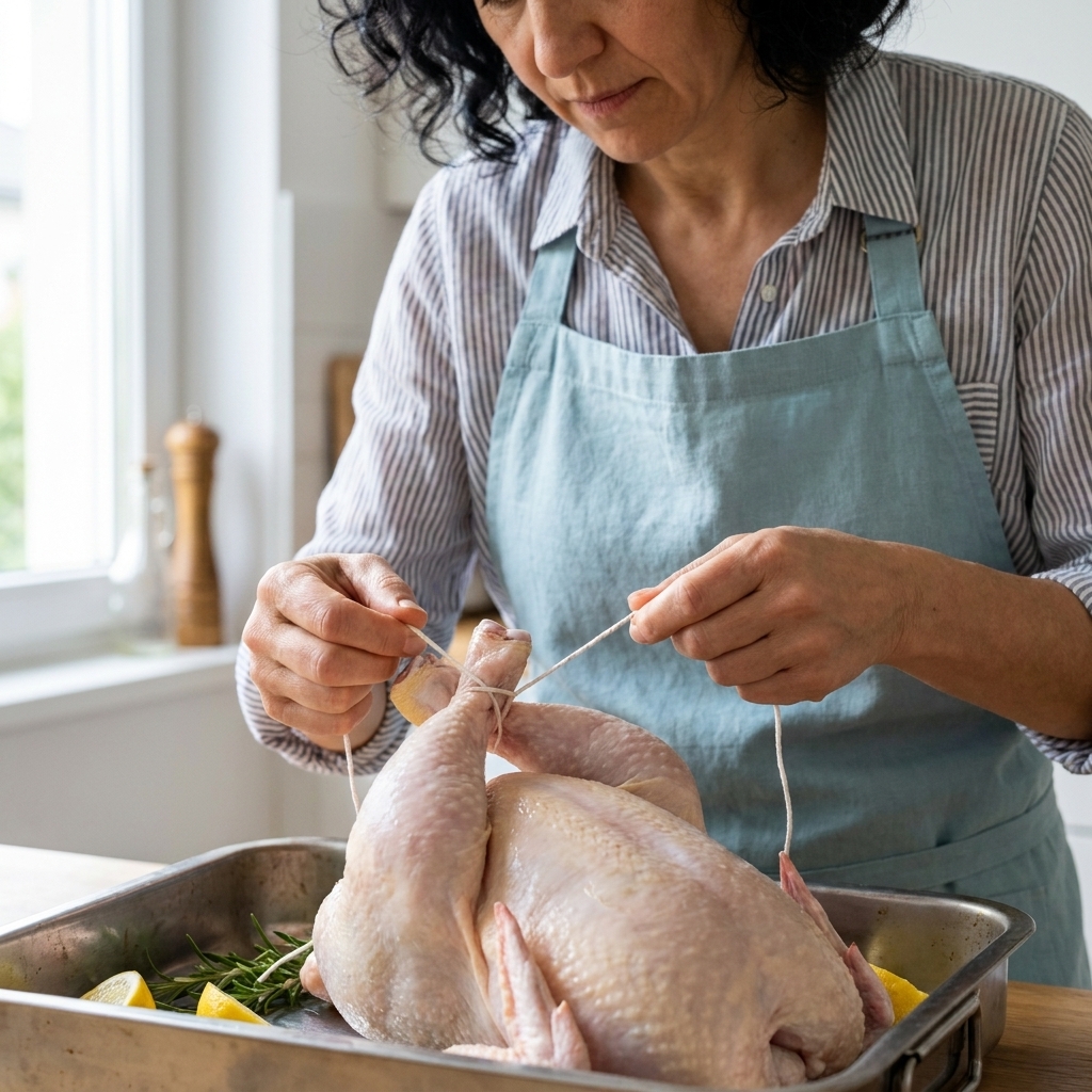 Hands tying kitchen twine around the crossed legs of a raw whole chicken on a roasting pan