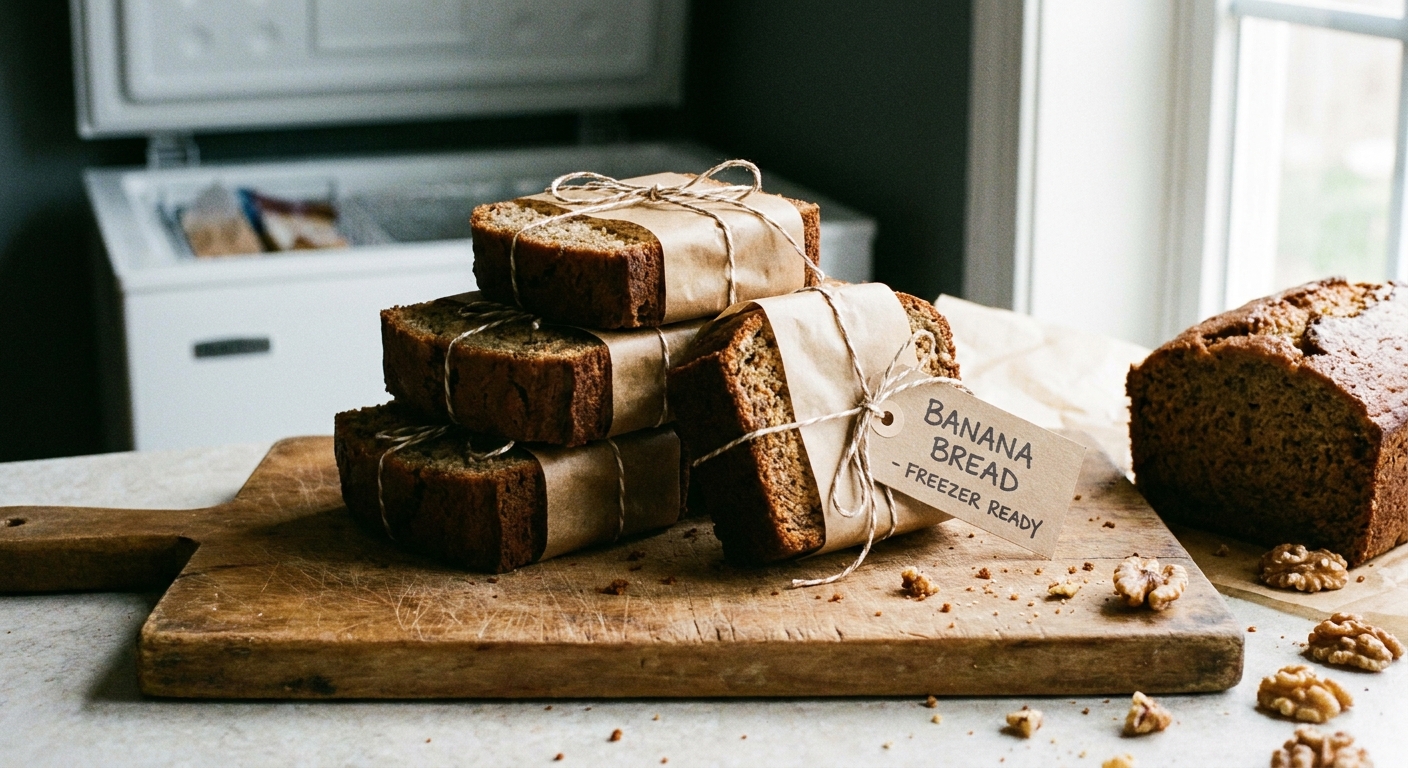 Individual banana bread slices wrapped in parchment paper and stacked on a cutting board, ready for freezing