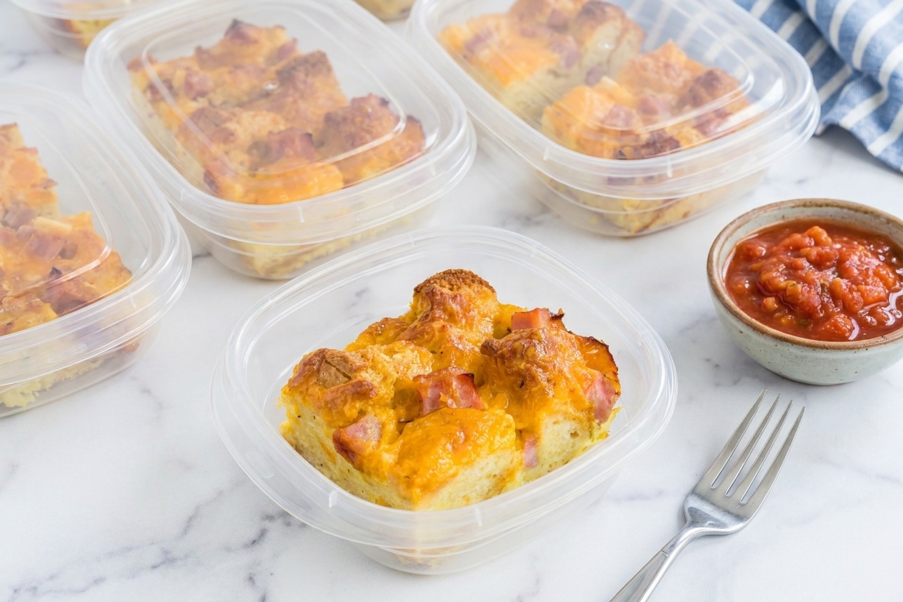 Individual squares of breakfast casserole stored in clear meal prep containers on a counter next to a fork and a small bowl of salsa