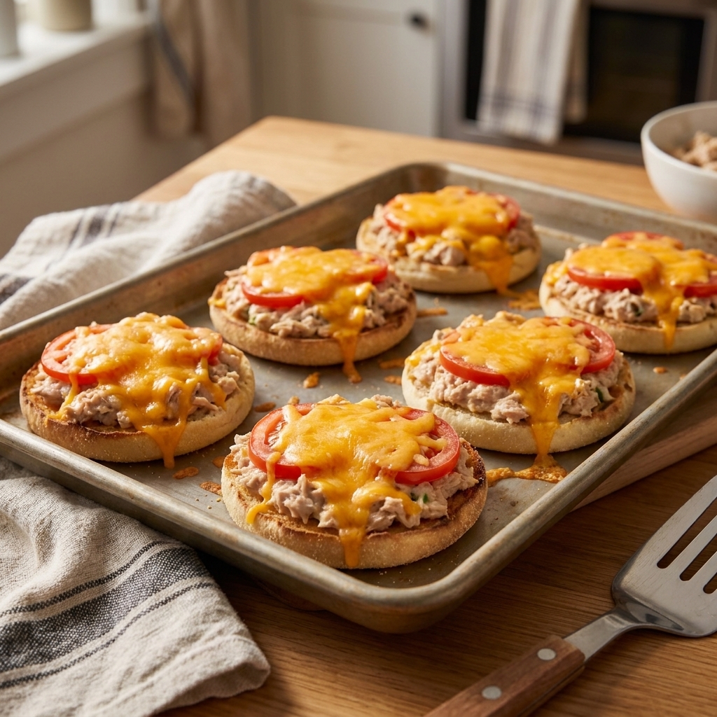 Open-faced tuna melts on toasted English muffins with bubbling cheese on a baking tray