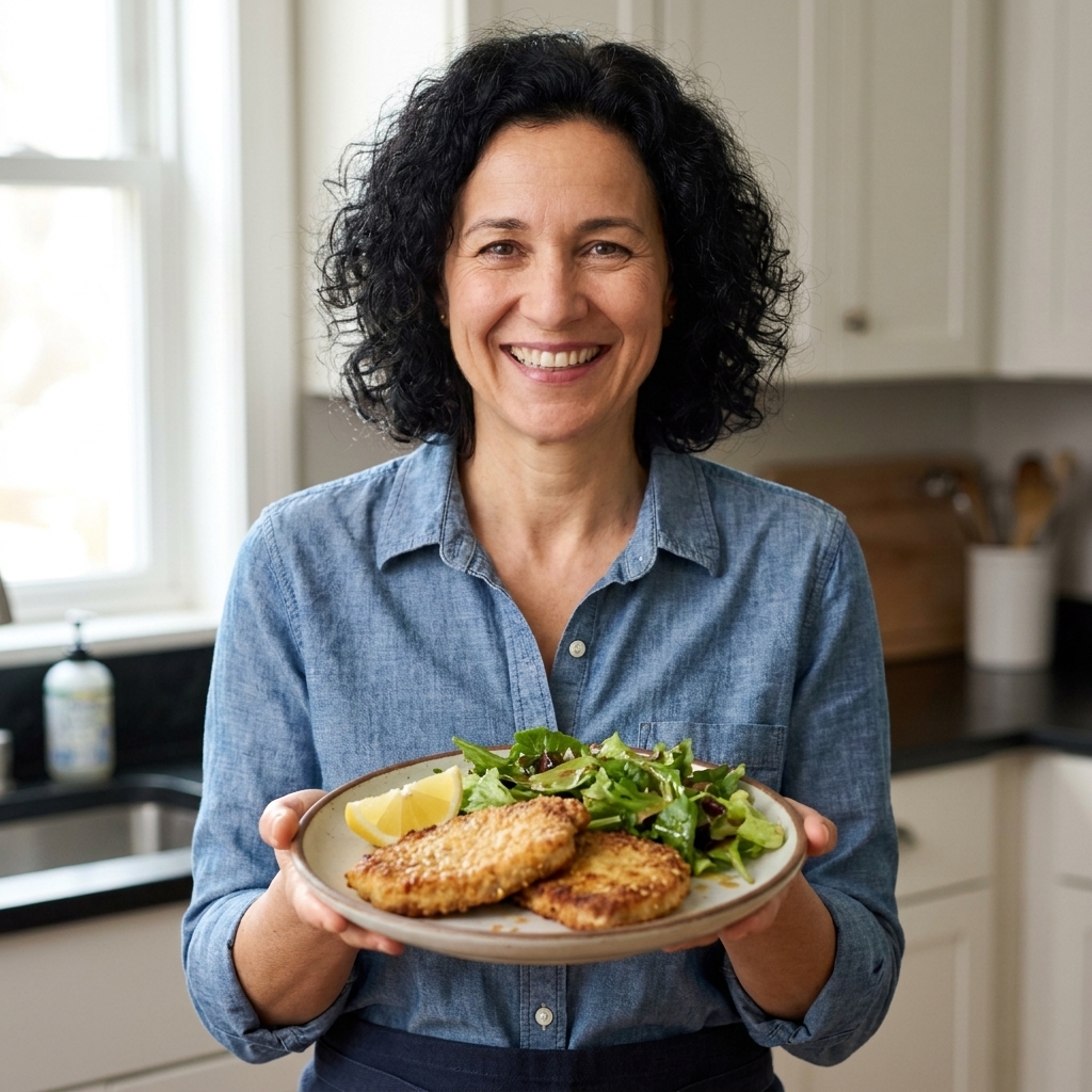 Parmesan-crusted pork cutlets on a plate with a lemon wedge and a simple green salad