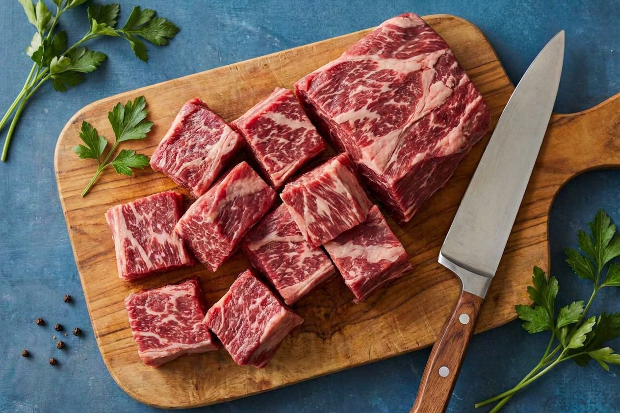 Raw beef chuck cut into large cubes on a cutting board, with visible marbling and a chef's knife nearby