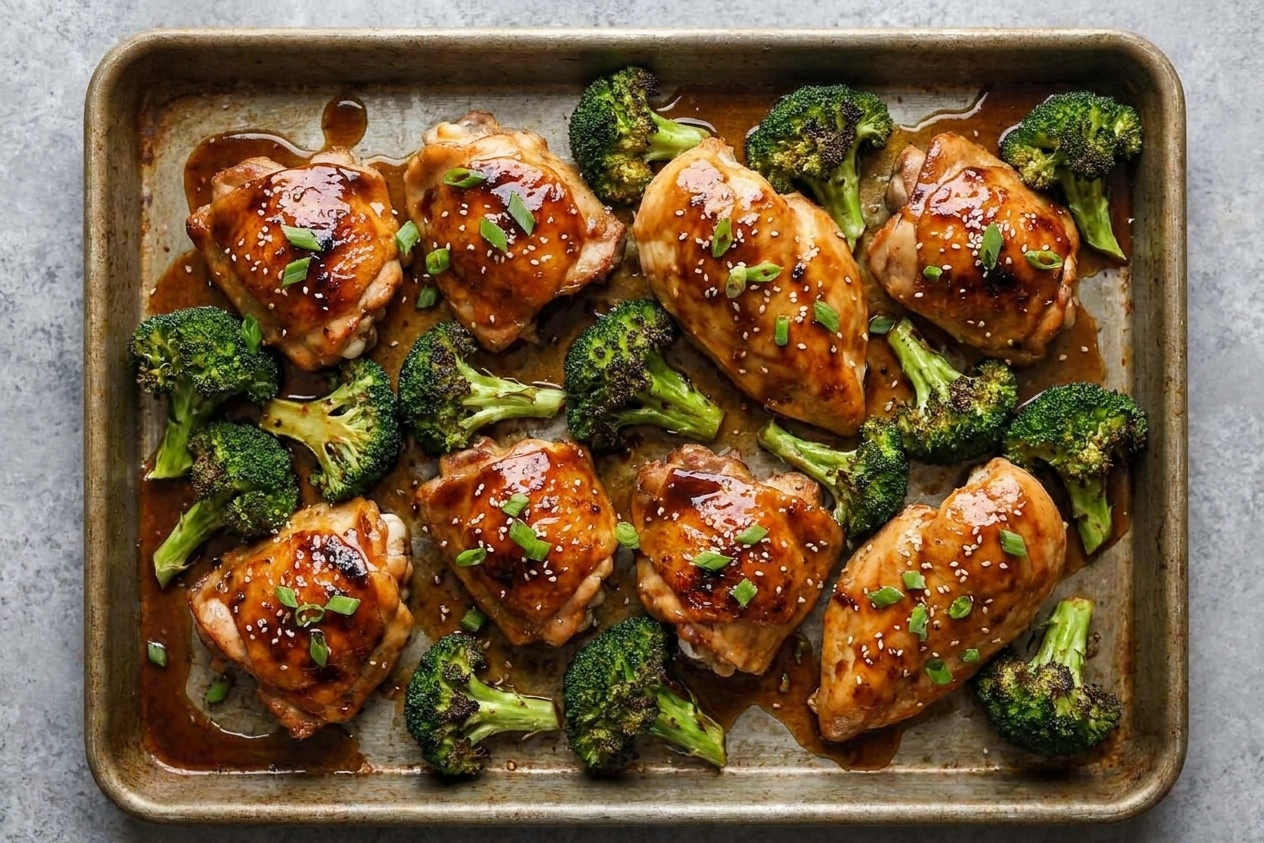 Roasted chicken pieces and broccoli florets on a sheet pan with glossy teriyaki-style sauce pooled lightly around the edges