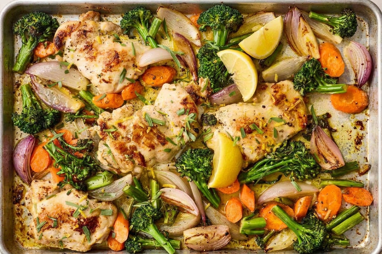 Roasted chicken pieces and mixed vegetables spread out on a sheet pan with caramelized edges and light charring