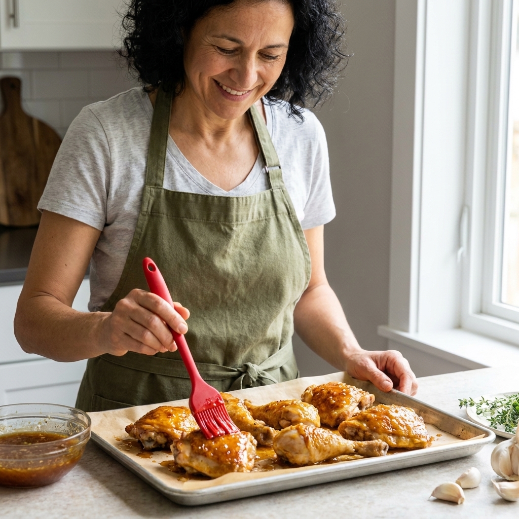 Roasted chicken pieces on a parchment-lined sheet pan being brushed with a glossy honey-garlic sauce using a silicone brush