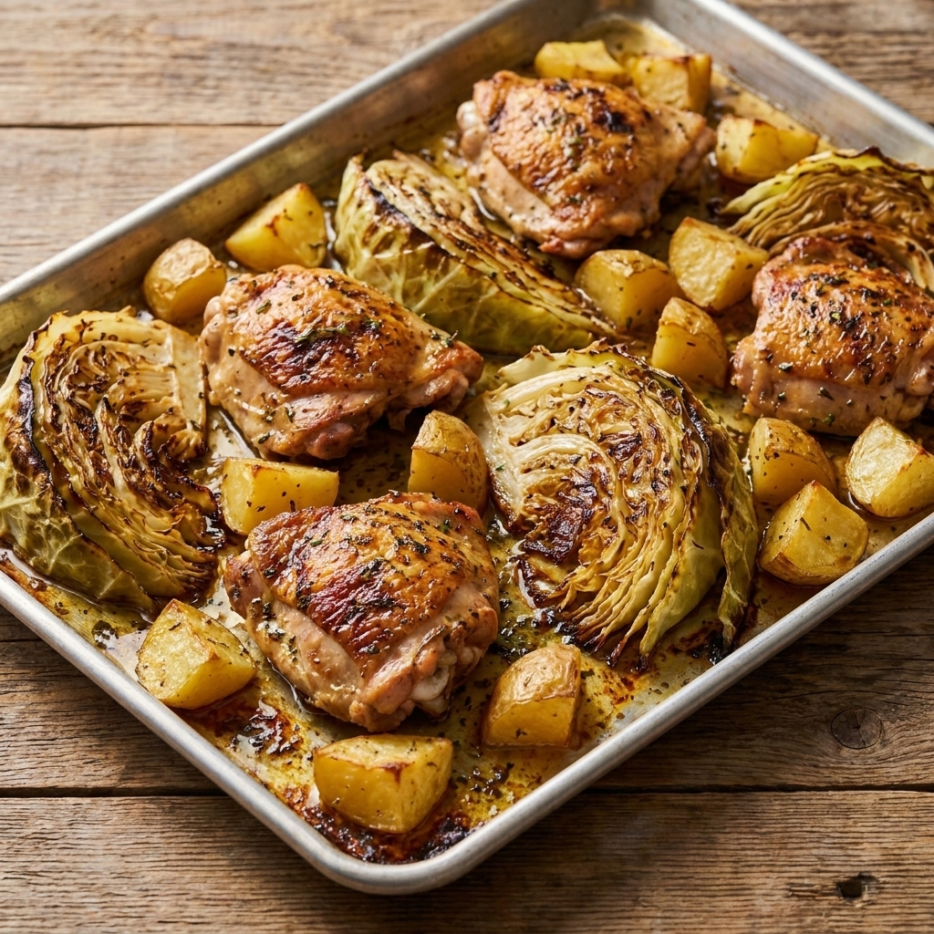Roasted chicken thighs on a sheet pan with caramelized cabbage wedges and golden potato chunks