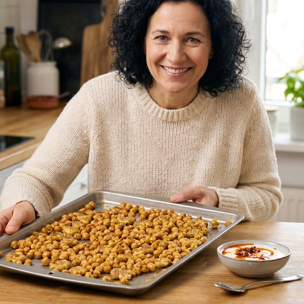 Roasted chickpeas on a sheet pan, lightly smashed and crisped, with a small bowl of yogurt sauce and chili oil nearby