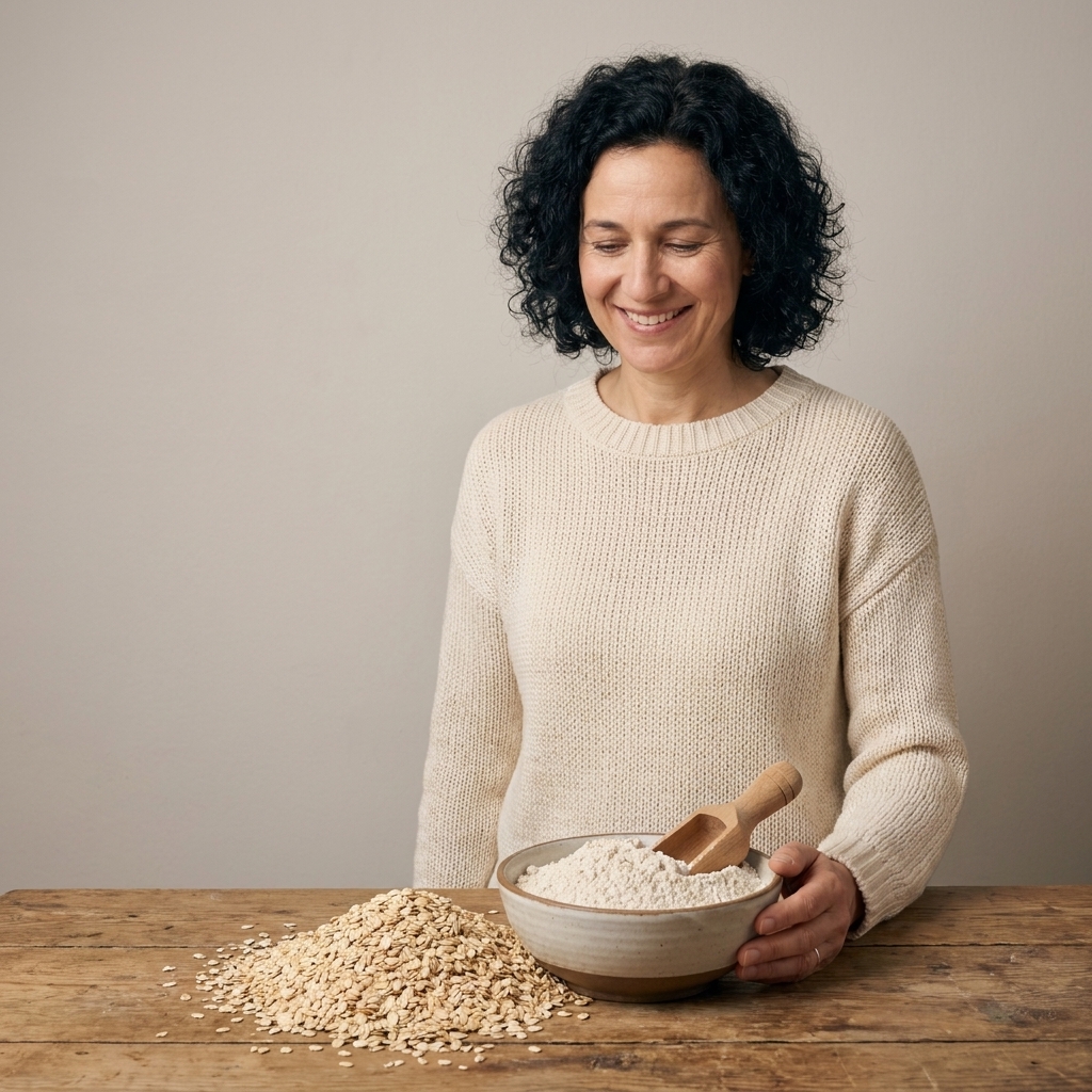 Rolled oats beside a bowl of freshly ground oat flour
