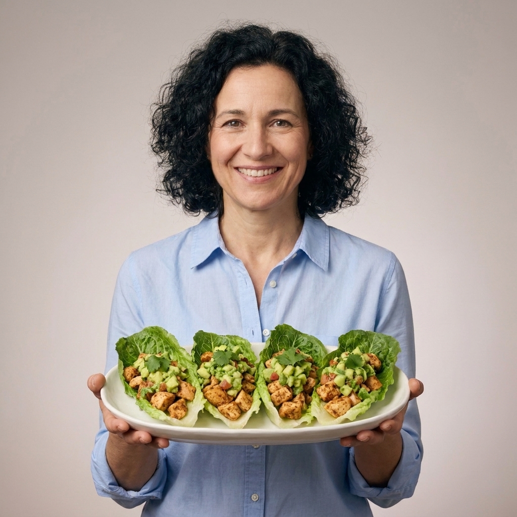 Romaine lettuce cups filled with seasoned chicken and topped with avocado salsa on a serving platter
