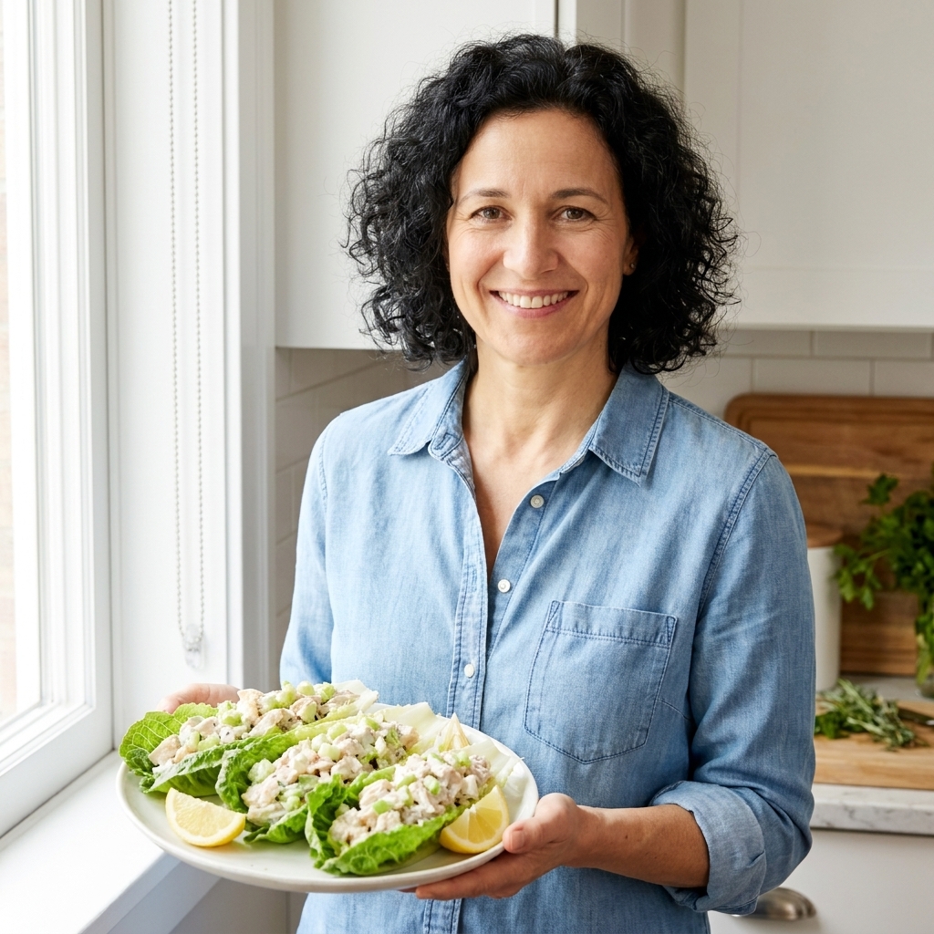 Romaine lettuce leaves filled with creamy chicken salad and diced celery on a white plate with lemon wedges in bright natural light