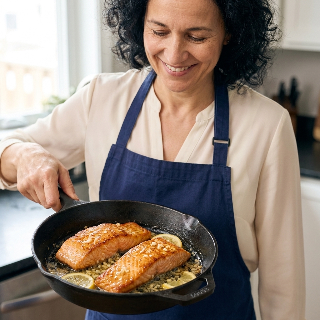 Seared salmon fillets in a skillet with melted garlic butter and lemon slices, glistening and golden