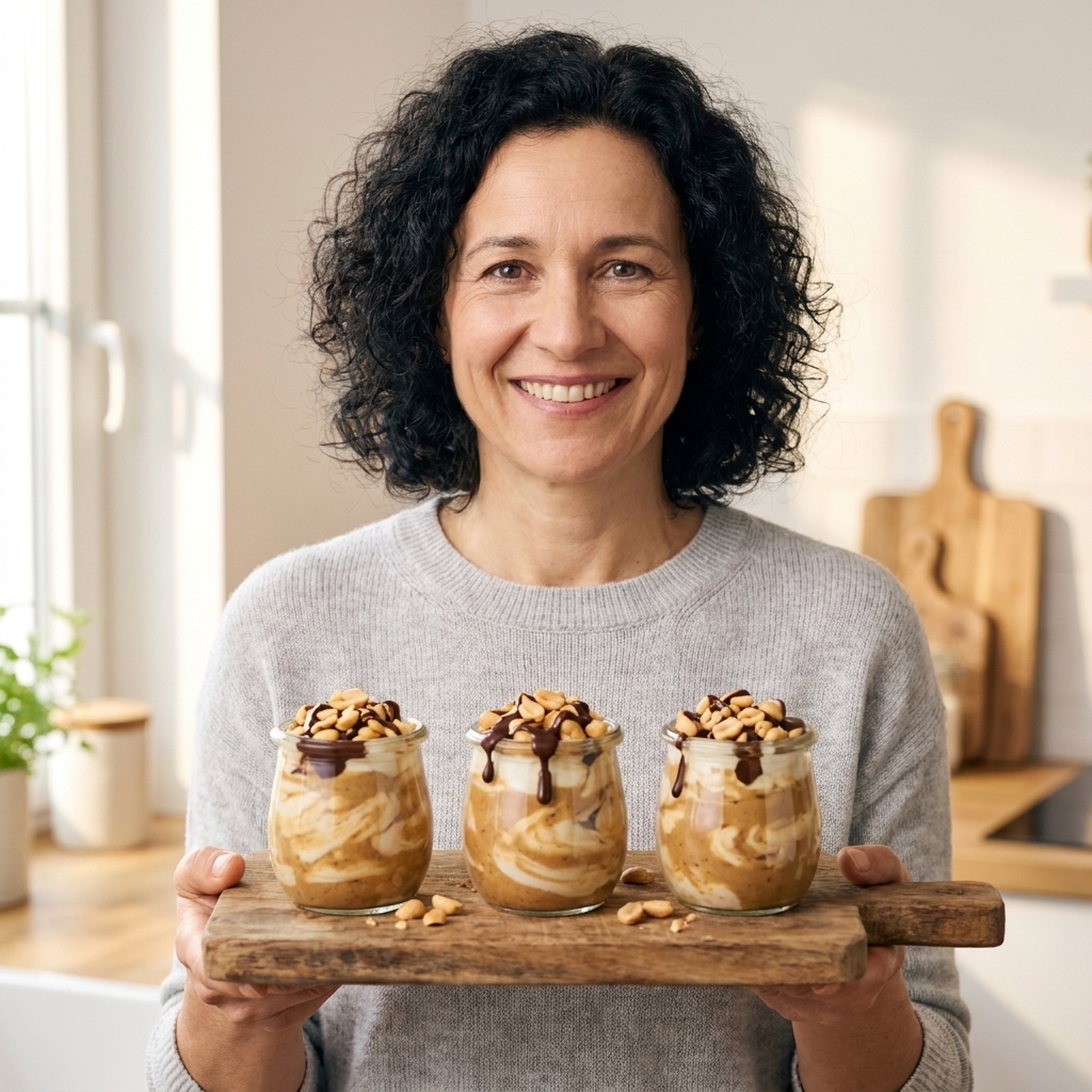 Small glass jars filled with peanut butter Greek yogurt, topped with chopped peanuts and a drizzle of melted dark chocolate