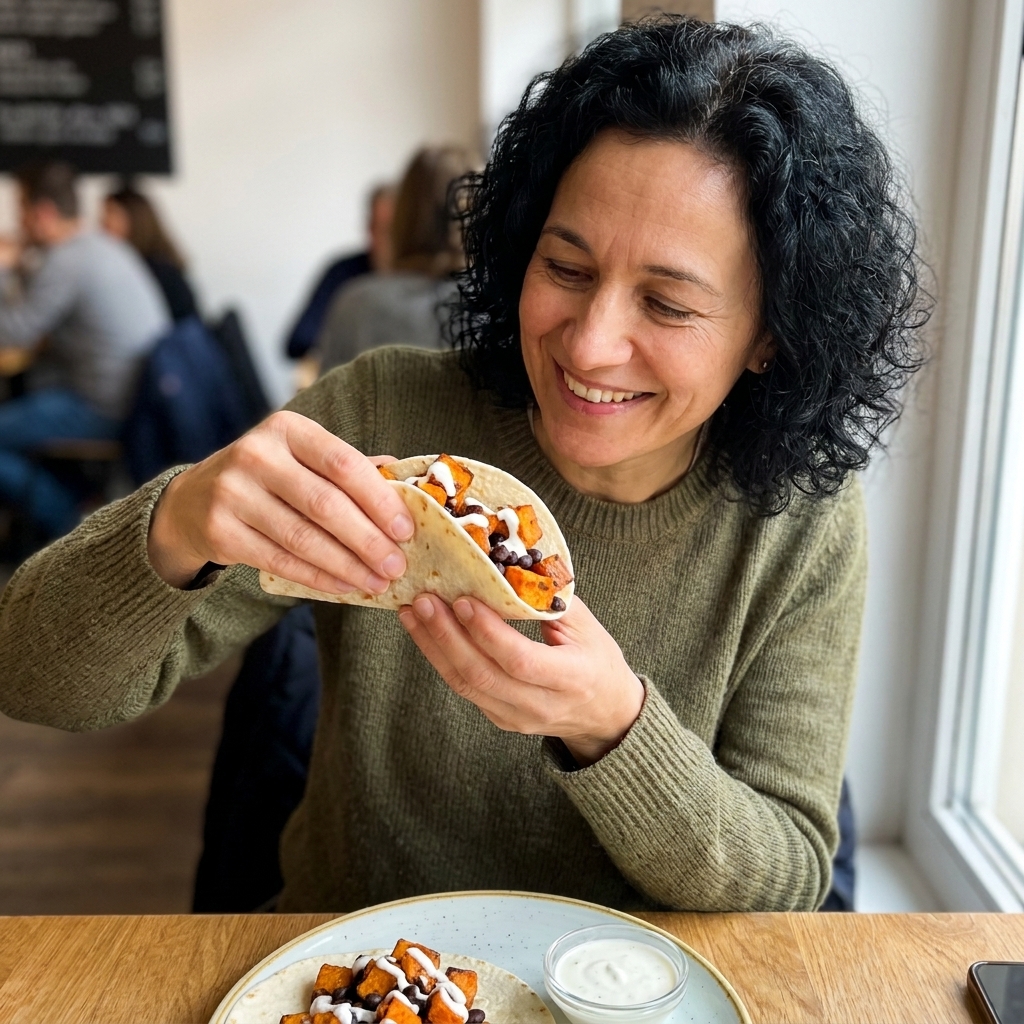 Soft tacos filled with roasted sweet potatoes and black beans topped with a drizzle of lime yogurt sauce