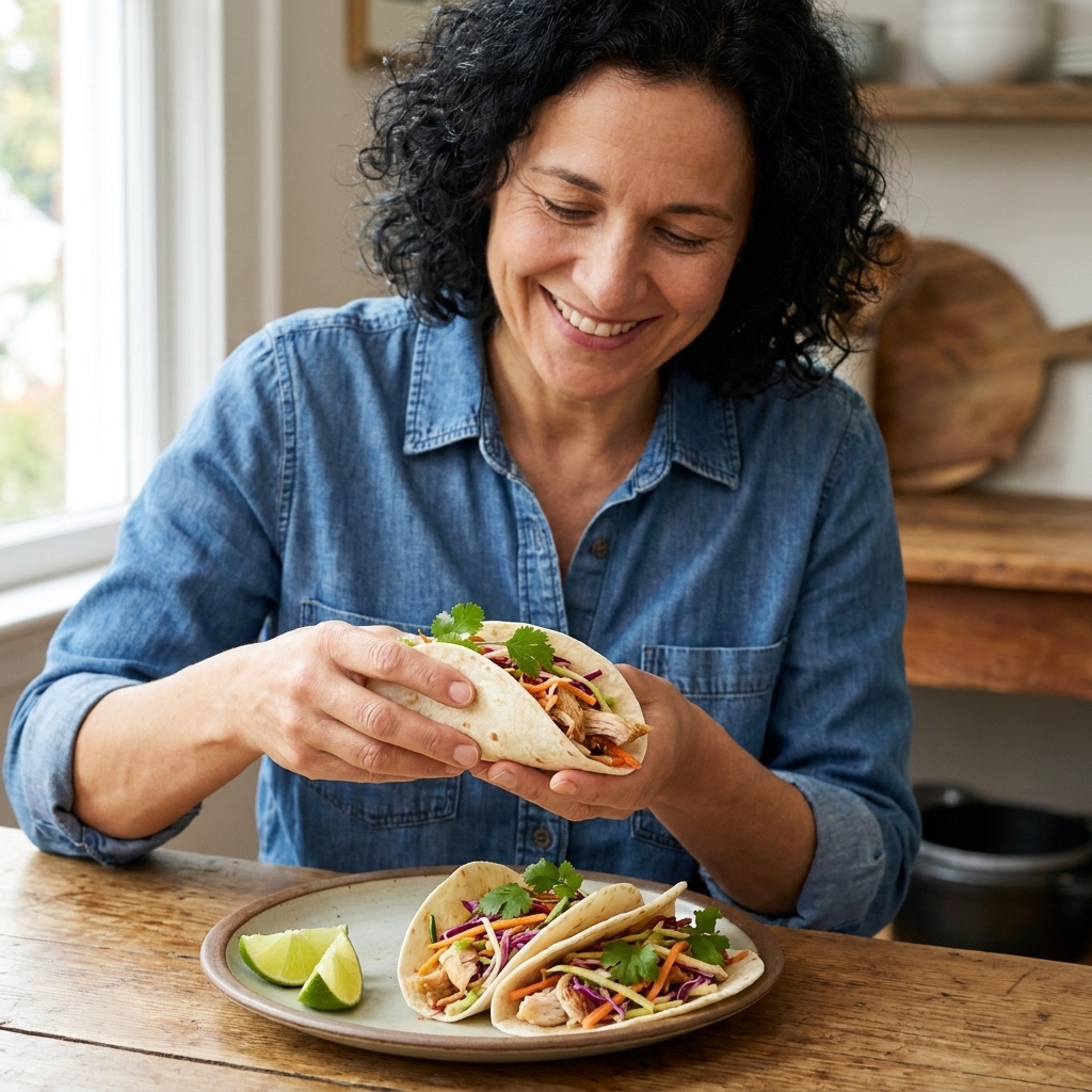Soft tortillas filled with shredded rotisserie chicken and crunchy slaw, topped with cilantro and lime wedges