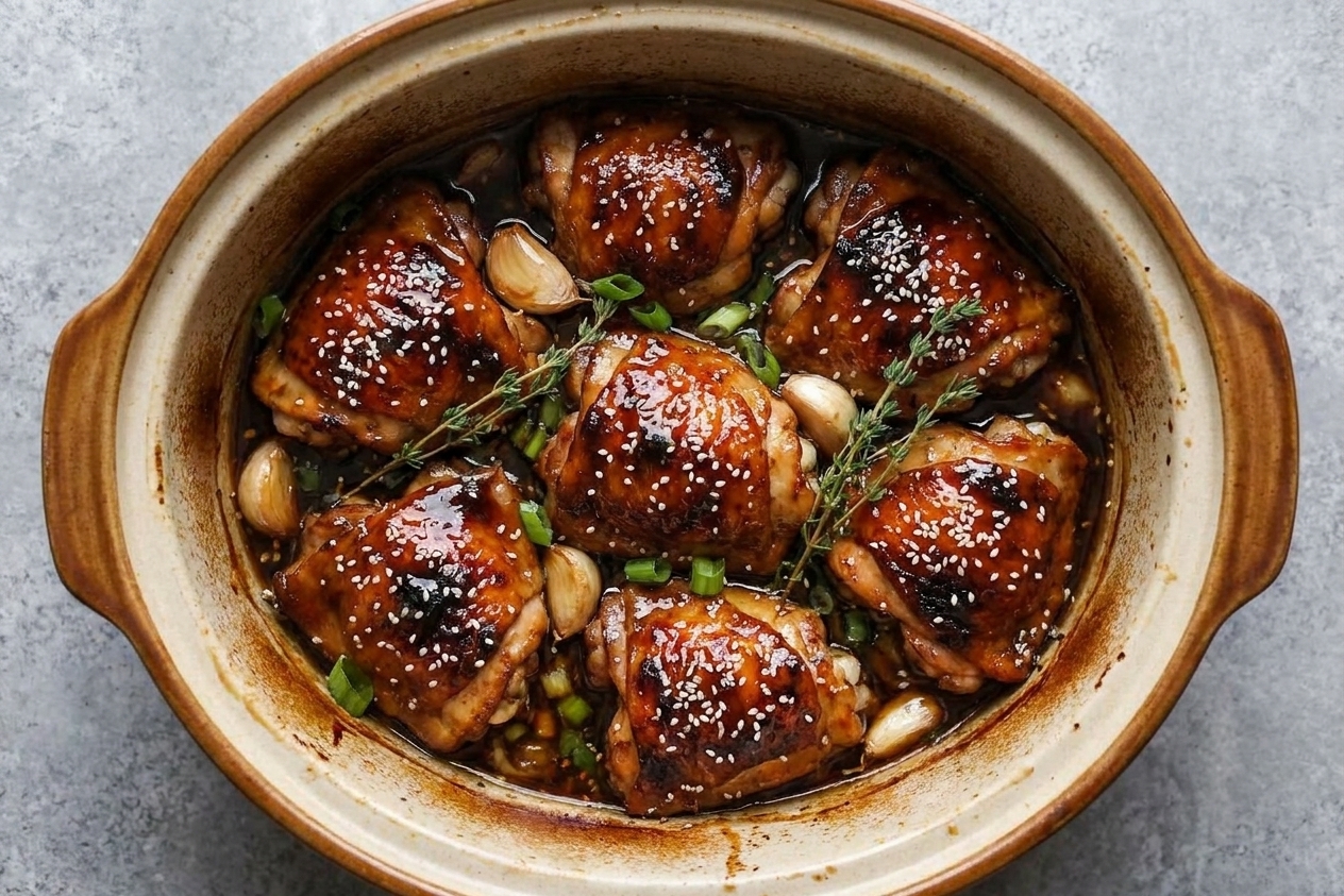 Tender chicken thighs in a slow cooker coated in a glossy honey garlic sauce with sesame seeds sprinkled on top