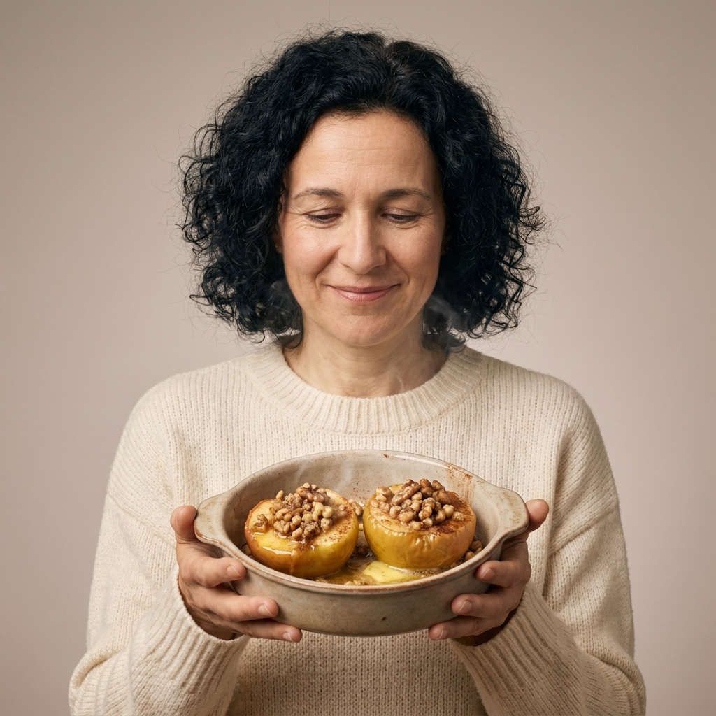 Two baked apple halves filled with walnut crumble in a small ceramic baking dish, warm and glossy with cinnamon
