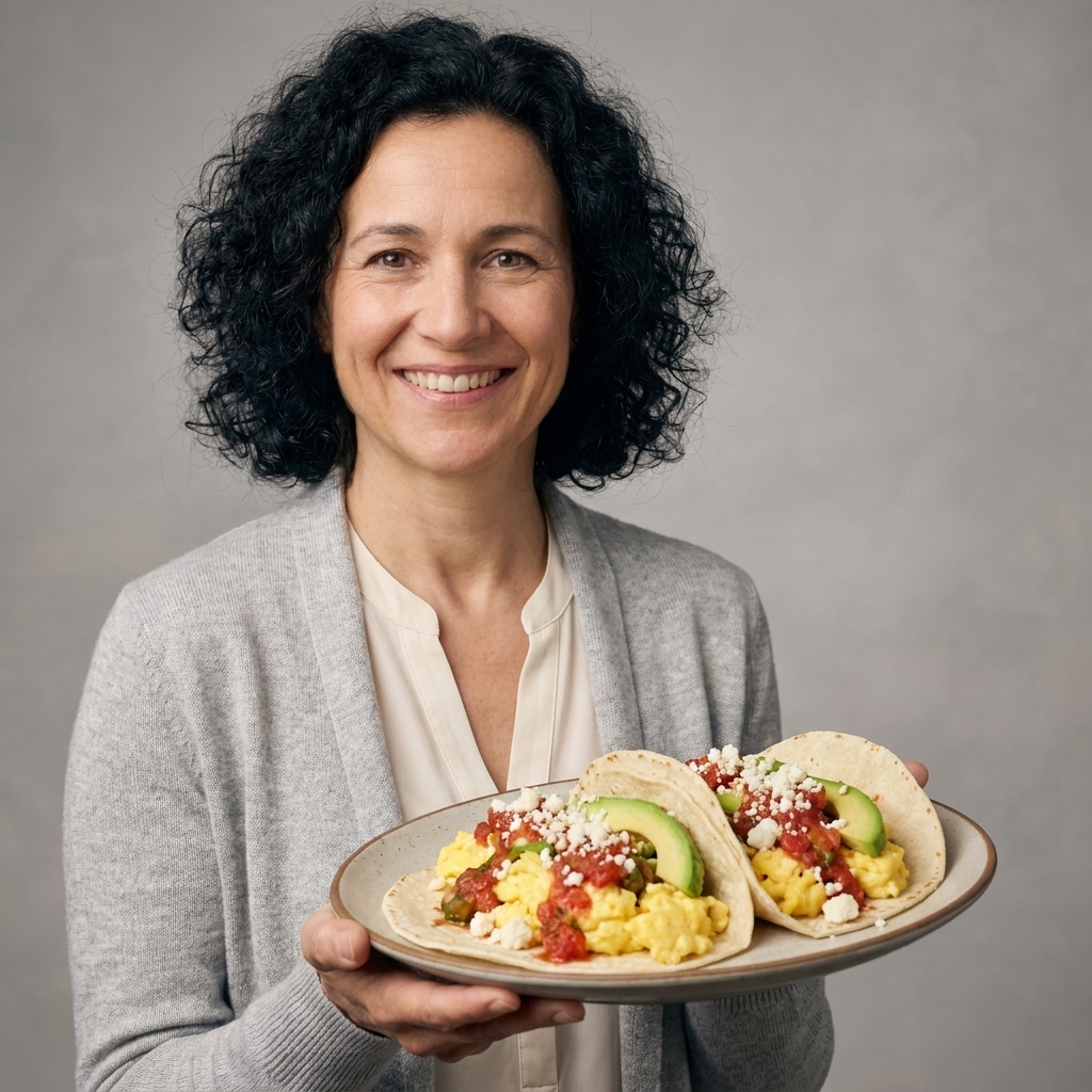 Two breakfast tacos on a plate with fluffy scrambled eggs, avocado slices, salsa, and crumbled cheese