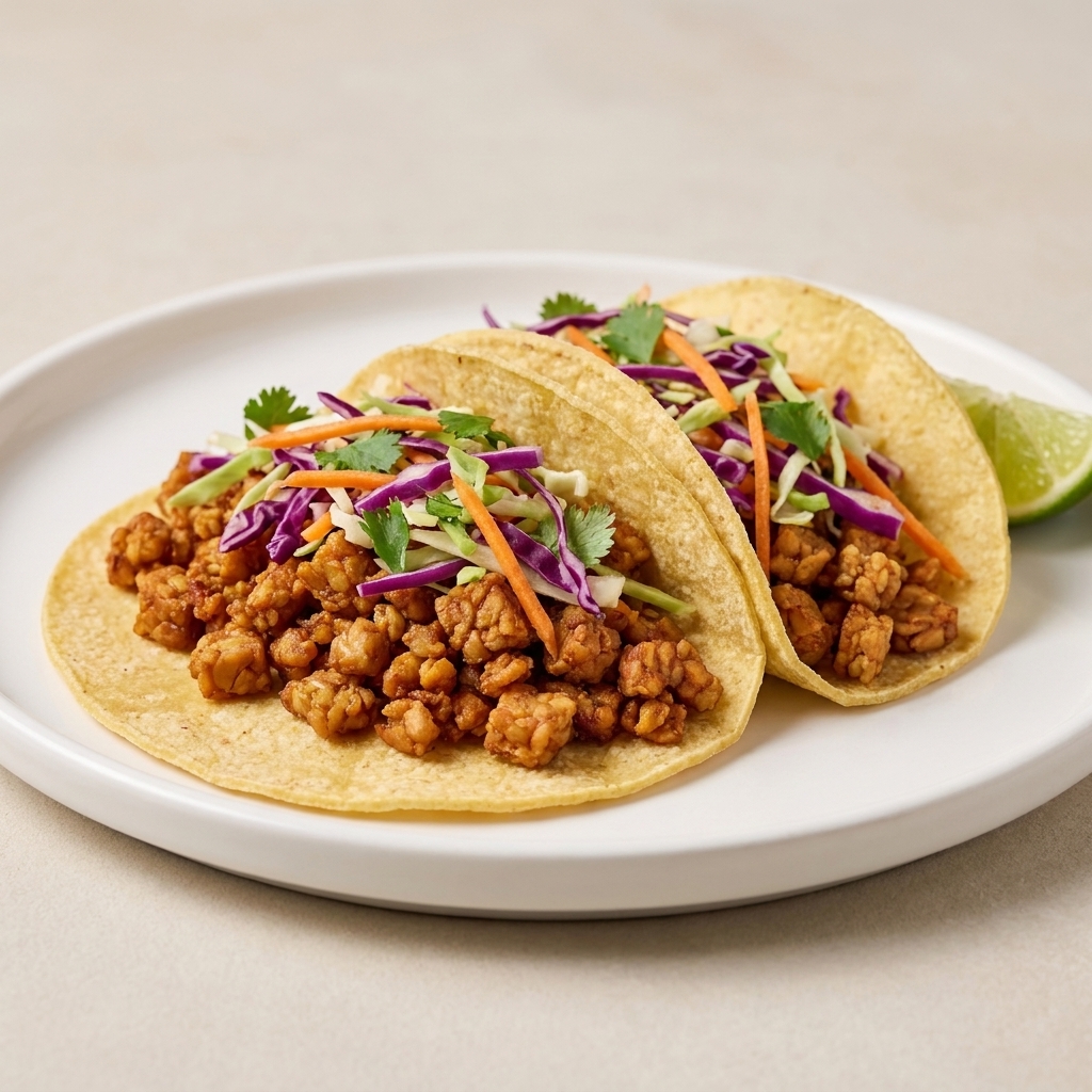 Two corn tortillas filled with crispy tempeh taco filling and bright cabbage slaw on a plate