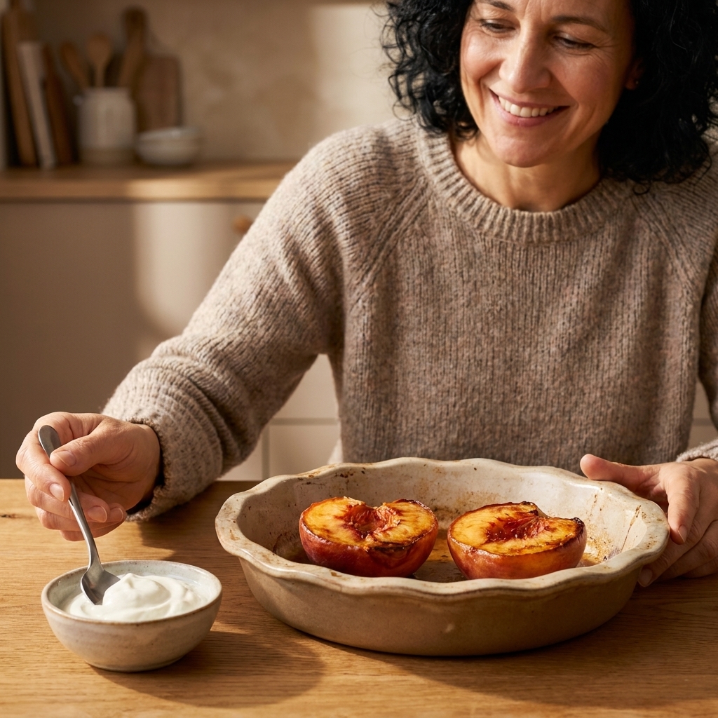 Two maple-roasted peach halves in a baking dish, caramelized at the edges, with a dollop of yogurt nearby