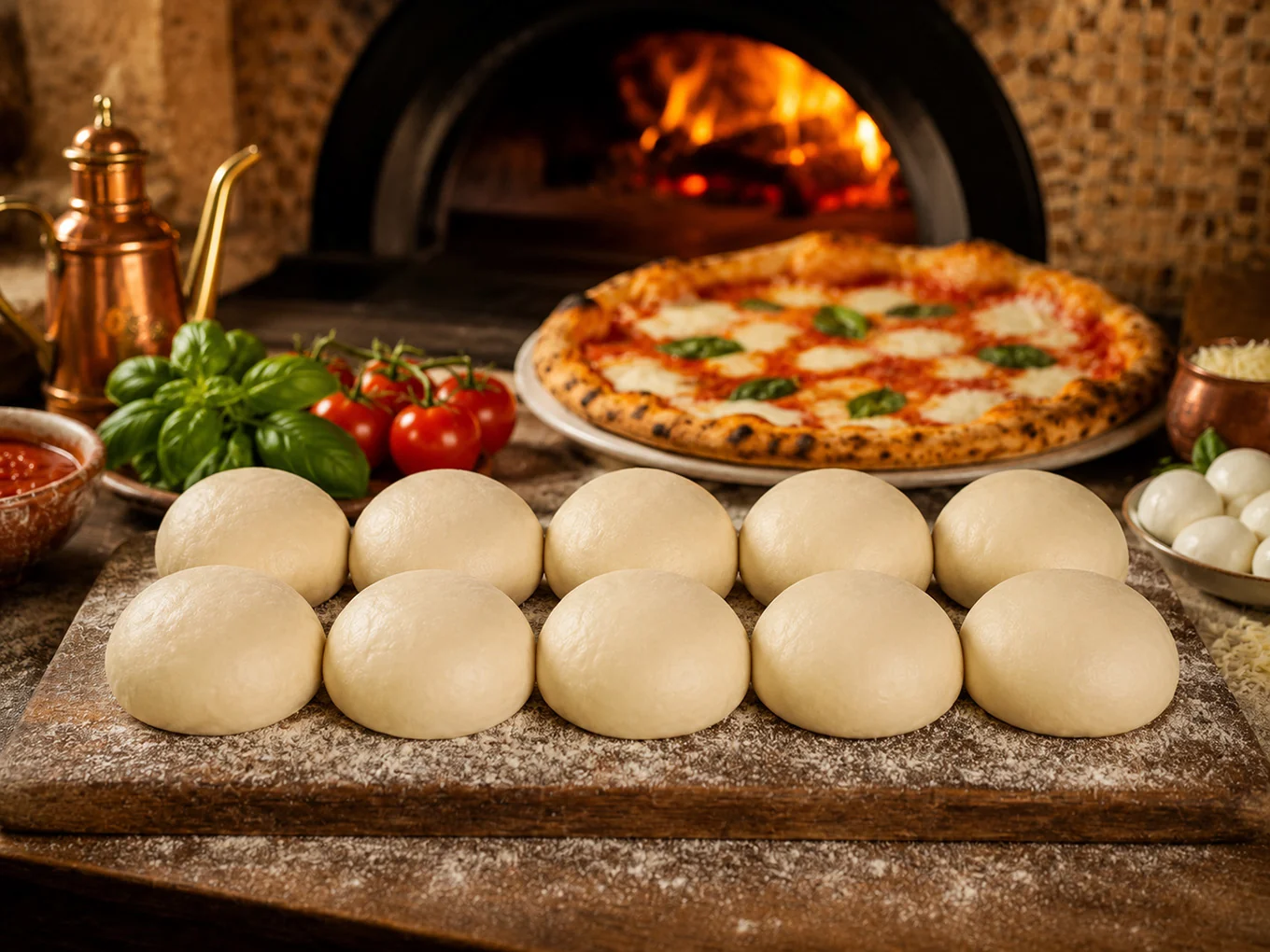 Two portioned pizza dough balls sitting in lightly oiled round containers with lids, ready for an overnight rise in the refrigerator
