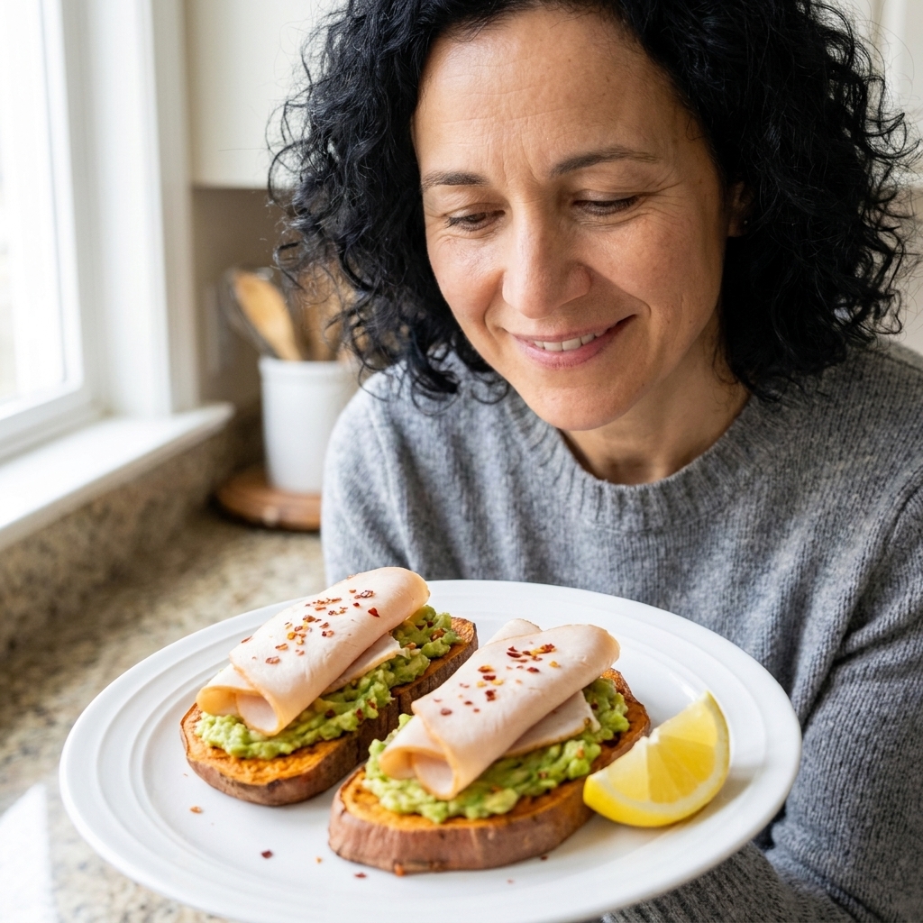 Two roasted sweet potato toast slices on a plate topped with mashed avocado and folded turkey slices with a lemon wedge on the side