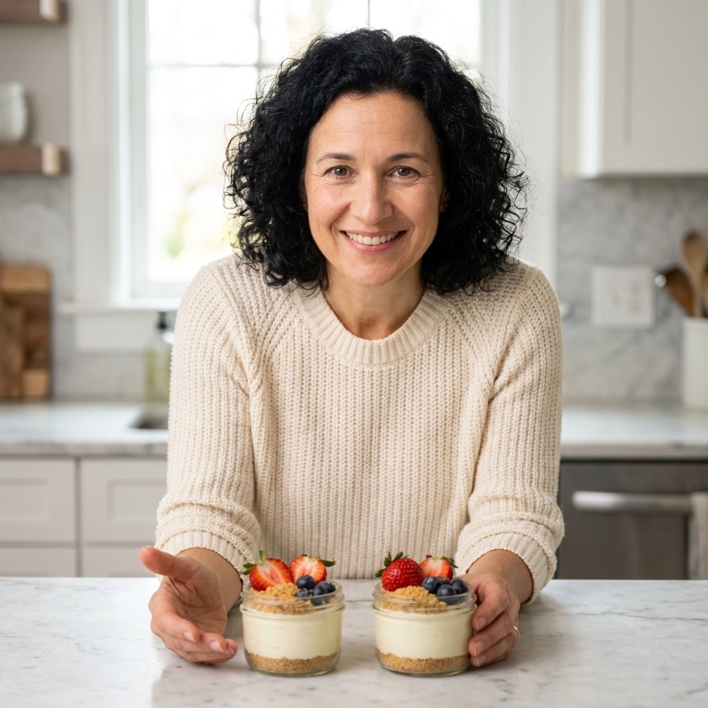 Two small glass jars filled with no-bake cheesecake topped with fresh berries and a sprinkle of graham cracker crumbs on a marble counter