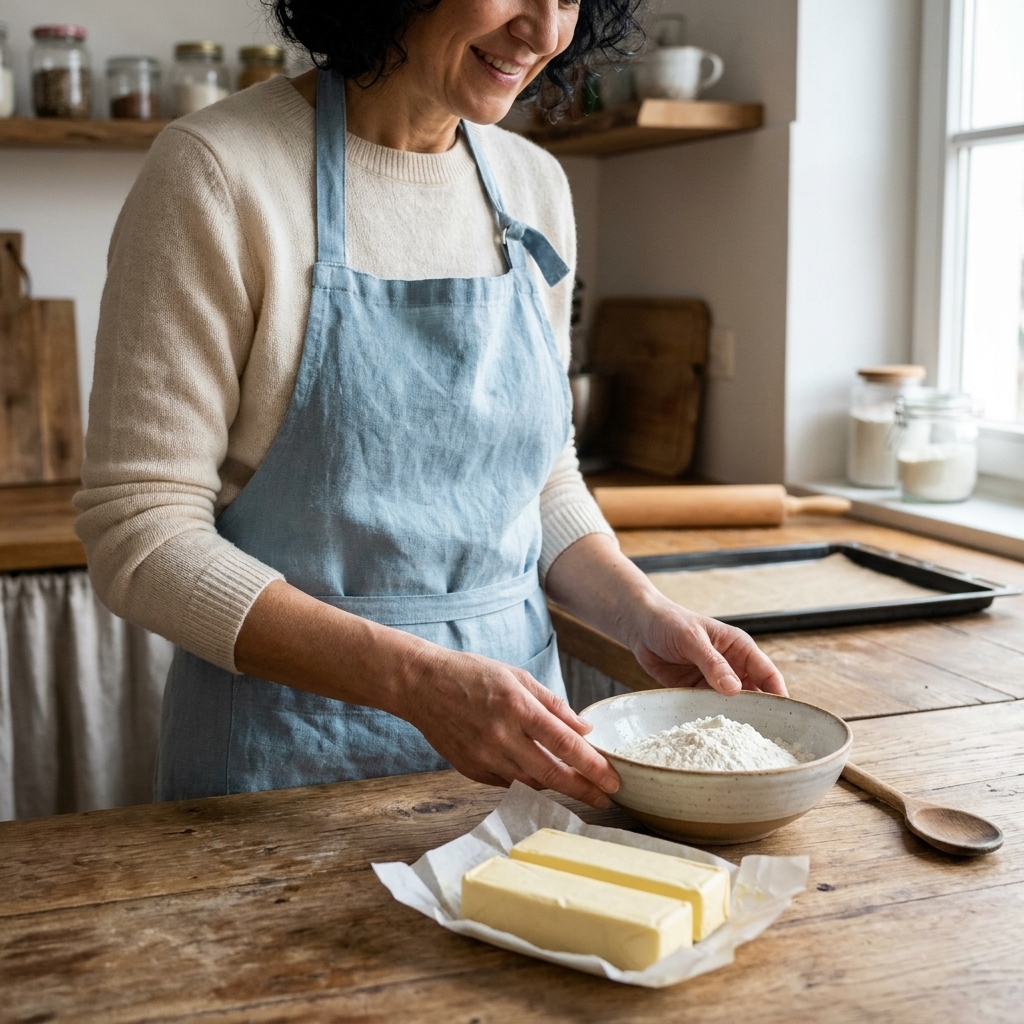 Two sticks of vegan butter on parchment paper beside a bowl of flour and a wooden spoon on a kitchen counter