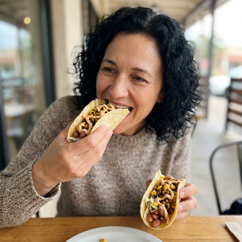 Two tacos filled with pinto beans and charred corn, topped with shredded cabbage and a drizzle of smoky crema