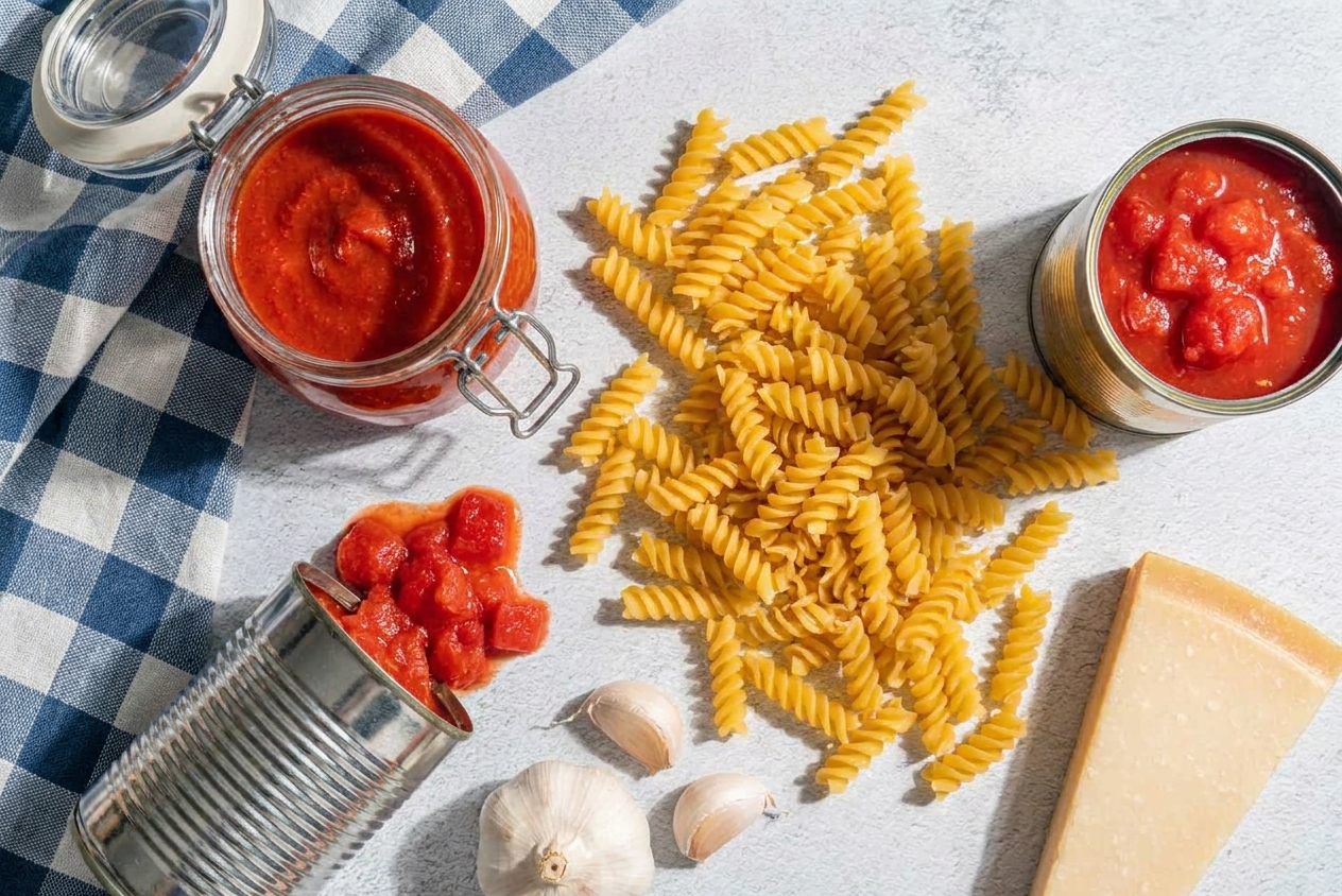 Uncooked pasta, a jar of tomato sauce, a can of diced tomatoes, garlic, and a block of cheese arranged on a kitchen counter